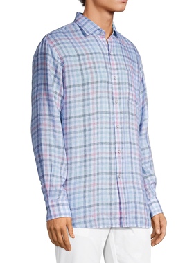 美系高端成衣PM男款 $160 100%亚麻 格纹翻领口袋长袖衬衫