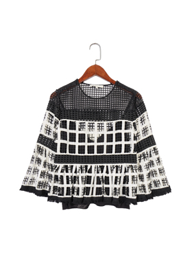 美系轻奢@lexis 女款 半透视撞色喇叭袖镂空上衣