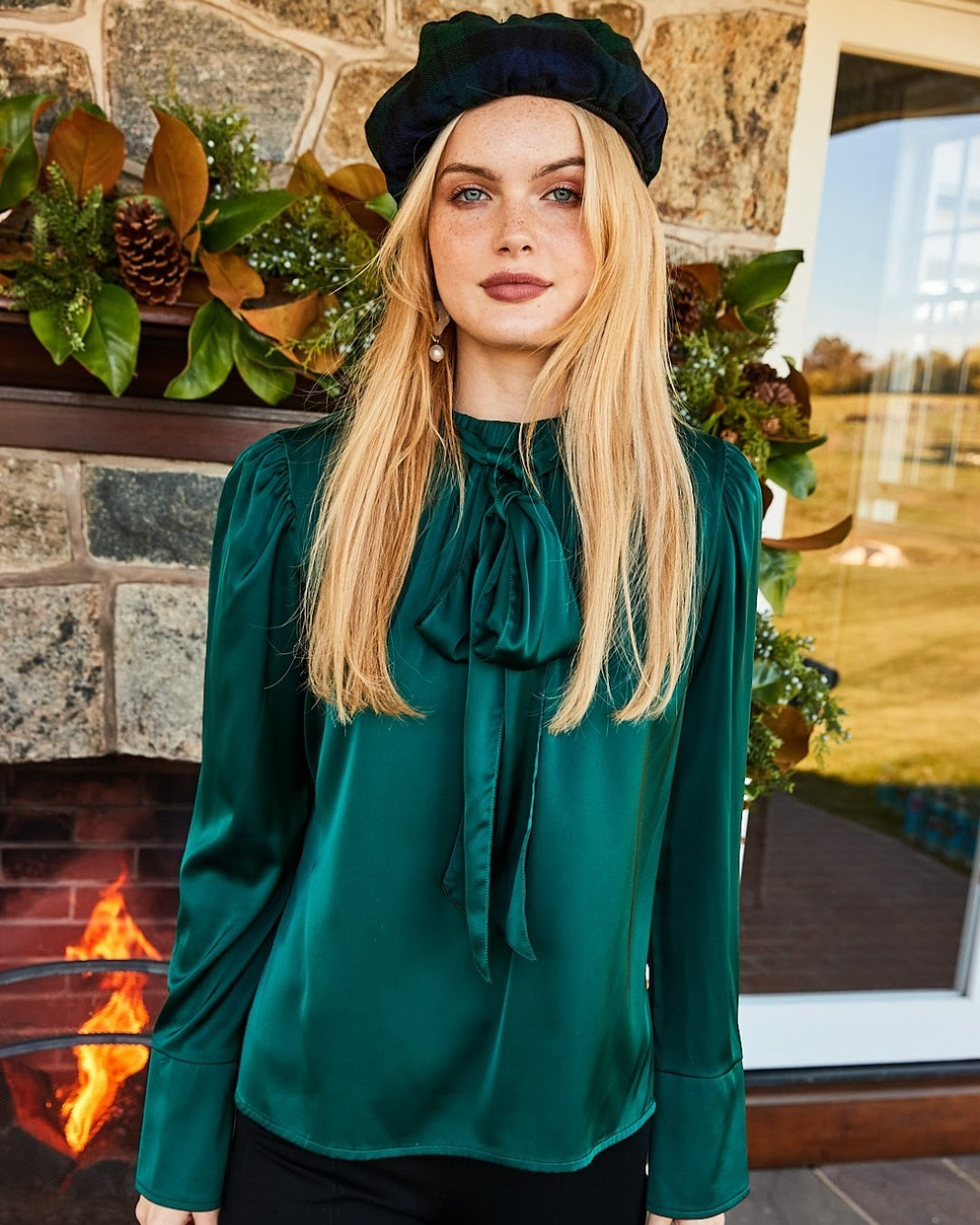 英式田园风c@rtolin@ 女款 高级复古绿长袖系带衬衫上衣