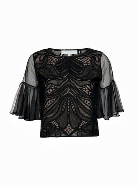 美系轻奢@lexis 女款 黑色 298$ 蕾丝拼接半透视短款上衣