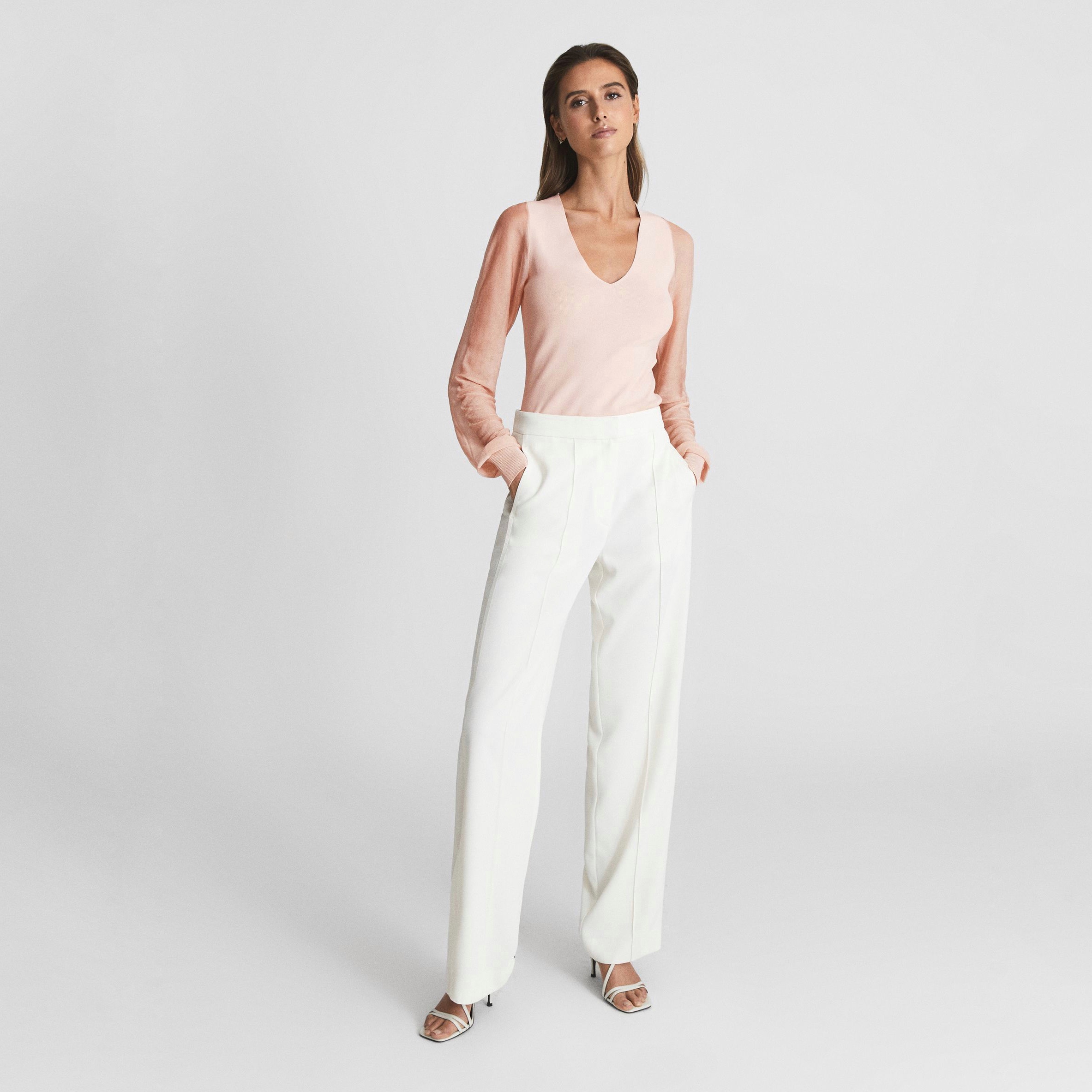 透明长袖套头弹力修身针织上衣