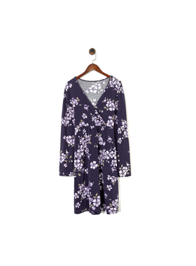 美系GH 女款 棉/人造丝 深紫色花卉印花交叉V领高腰长袖连衣裙