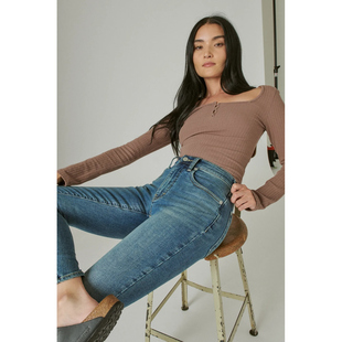 美系复古单宁LB女款 高弹柔软 高腰skinny 牛仔裤 破坏裤脚