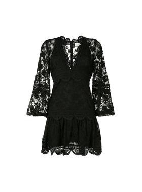 美系轻奢@lexis 女款 黑色 灯笼袖v领半透视连衣裙