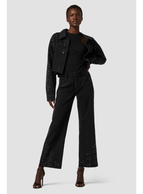 洛杉矶复古丹宁H 女款 酷辣Rosie黑色水洗铆钉高腰阔腿牛仔裤