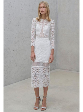 美系轻奢@lexis 女款 875$ MAUD 白色蕾丝半透视长袖连衣裙 礼服