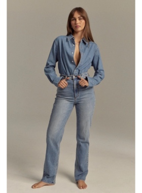 澳大利亚设计师R0lla's 女款 Loulou浅蓝色高腰修身直筒牛仔裤