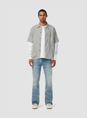 洛杉矶复古丹宁H 男款 Walker Kick蓝色做皱破洞裁剪喇叭牛仔裤