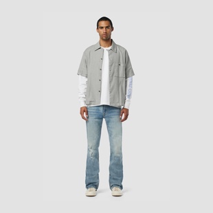 Kick蓝色做皱破洞裁剪喇叭牛仔裤 Walker 男款 洛杉矶复古丹宁H