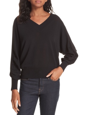 美系轻奢Bro**u W@lker 极简复古 棉质 黑色V领褶皱长袖毛衣