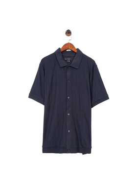 澳州男装C0NN0R 藏蓝色 复古坑条古巴短袖针织衫 M-7XL