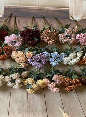 厂家仿真花束装饰摆件9头小角玫 室内家居婚礼拍摄绢布假花