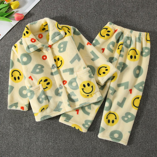 秋冬季儿童珊瑚绒睡衣法兰绒家居服套装男童女童女孩宝宝小孩加厚