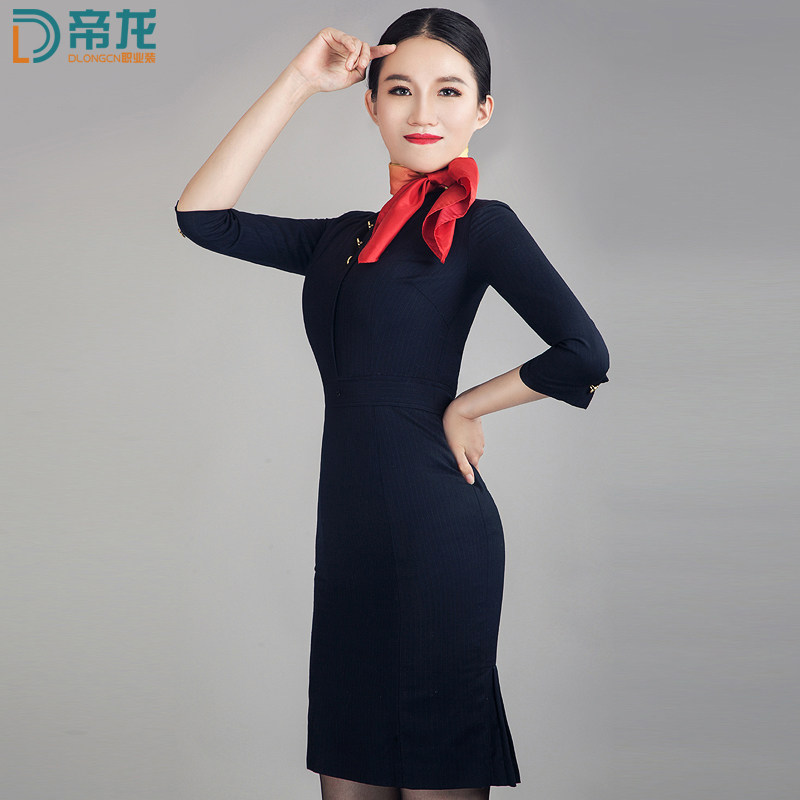 成都航空空姐制服职业套装女春夏七分袖连衣裙导购前台工作服