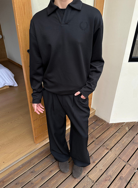 WESSK麦穗提花刺绣V领秋季cleanfit休闲百搭情侣polo长袖衬衫