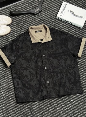 WESSK新中式国风腰果花千鸟格拼接暗纹肌理提花夏季休闲短袖衬衫