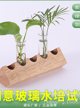 透明玻璃水培木质展示架桌面摆台装饰绿萝植物水培试管花瓶木架