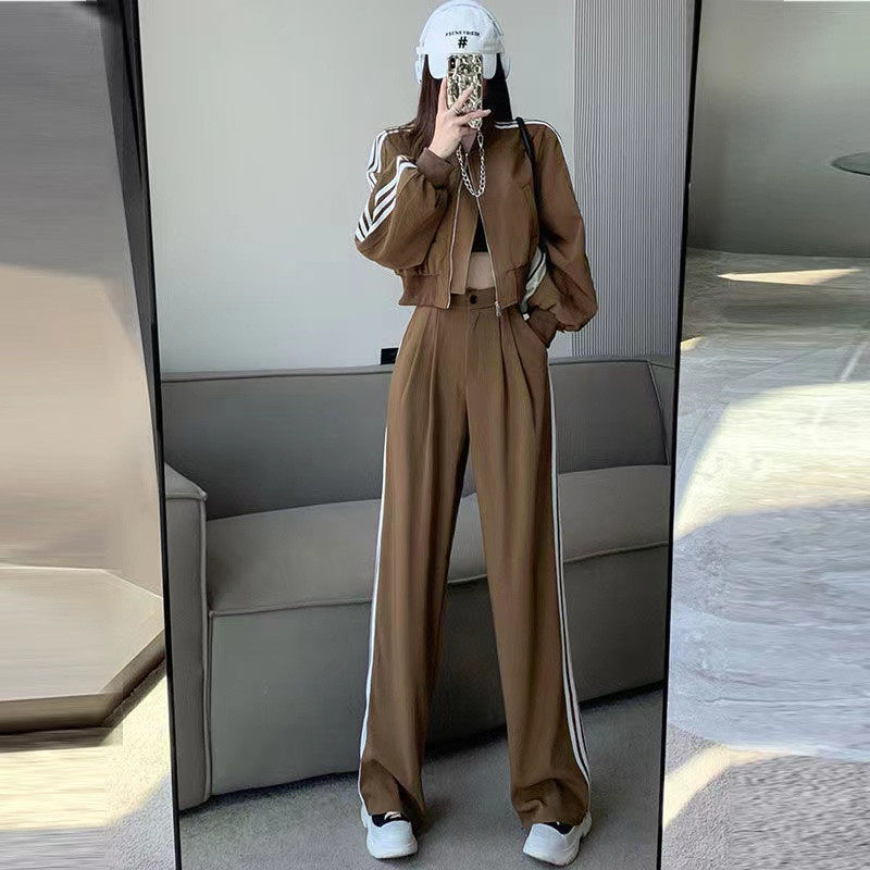 봄 가을 여성을 위한 패셔너블한 스트리트 캐주얼 스포츠 슈트 솔트 스타일의 웨어 슬림 숏 자켓 와이드 팬츠 투피스 세트