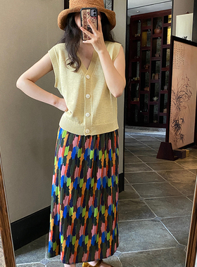 白目自女装谜彩半身裙夏季新款褶皱裙直筒松紧高腰印花仙女裙小众