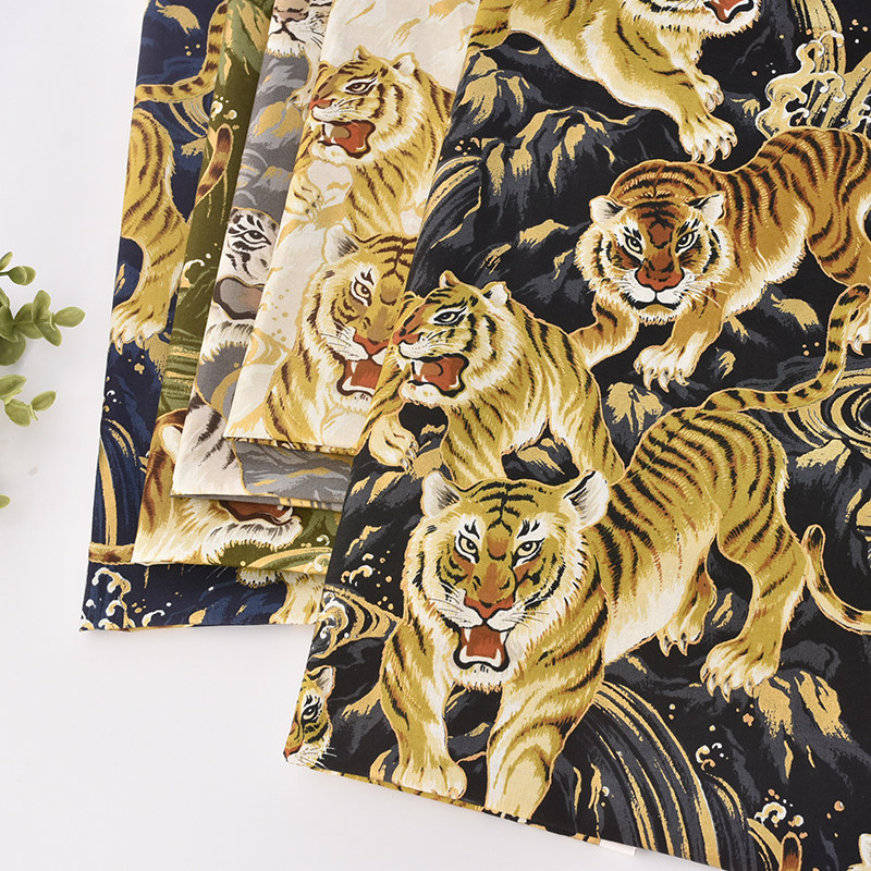 日本进口面料Quiltgate纯棉烫金和风老虎布料全棉衣服衬衫手工DIY