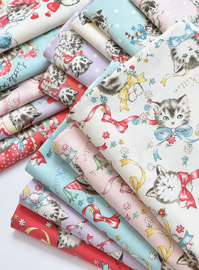 Quiltgate日本进口纯棉卡通布料猫咪印花布童装娃衣DIY手工面料