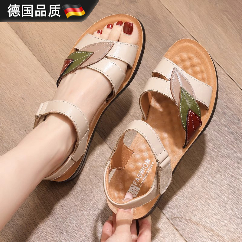 德国新款妈妈凉鞋真皮软底舒适中年中老年人平底防滑奶奶女鞋夏季