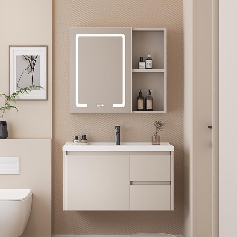 【香港包郵】奶油色太空铝浴室柜陶瓷一体盆卫生间洗脸盆简约轻奢