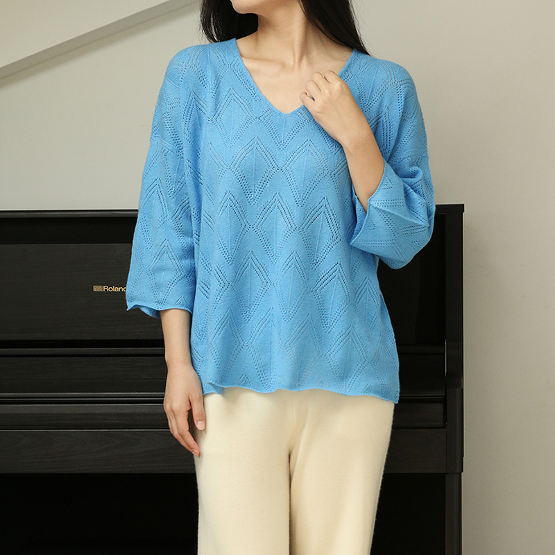 APCSHOP 春夏V领五分袖羊绒V领镂空中袖针织短袖女士2025新款罩衫