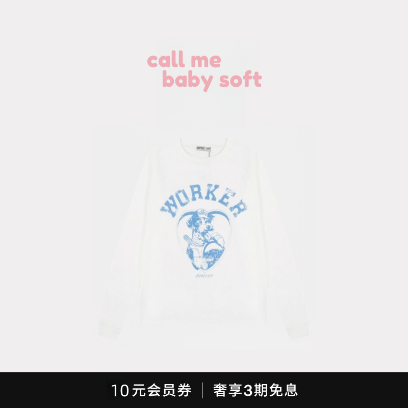 ●callmebabysoft韩国小众open yy搞怪小狗印花宽松圆领长袖T恤