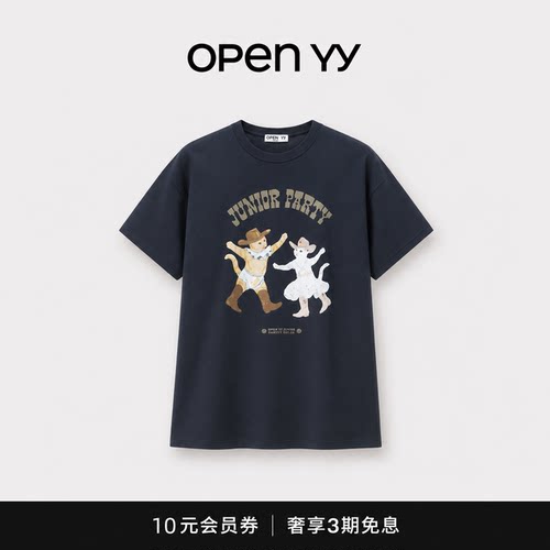 【现货】韩国小众OPEN YY宠物俱乐部猫咪派对短袖韩系宽松T恤上衣