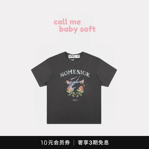 ●callmebabysoft韩国潮牌openyy玫瑰花飞燕印花圆领宽松短袖T恤