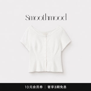 【现货】韩国女装smoothmood白色蕾丝边收腰衬衫女单排扣短袖上衣