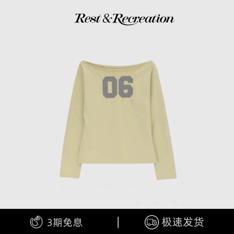 【现货】韩国小众 金玟庭同款数字印花一字肩宽松露肩上衣长袖T恤