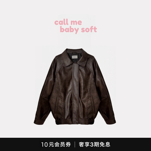 ●callmebabysoft韩国ounce 复古宽松百搭显瘦翻领皮衣夹克外套女