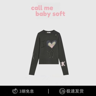 T恤 callmebabysoft小众撞色爱心字母印花钉珠圆领长袖 女 现货