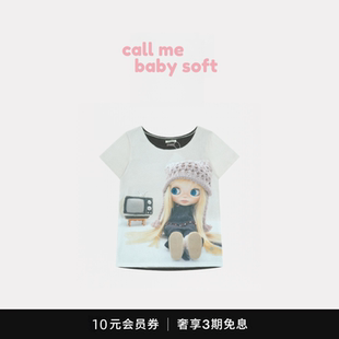 ●callmebabysoft韩国Coyseio联名款娃娃印花斜肩宽松短袖 T恤女
