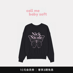 ●callmebabysoft韩国小众NICK NICOLE蝴蝶字母印花刺绣圆领卫衣