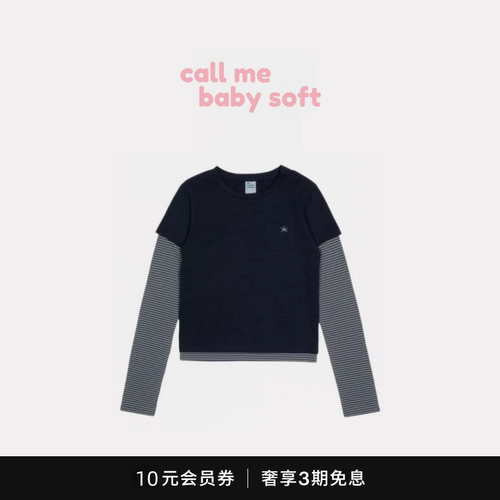 ●callmebabysoft韩系假两件条纹拼接短上衣套头休闲长袖T恤女