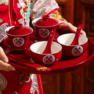 陪嫁用品大全 结婚敬茶杯子喜碗婚礼改口一对红色敬酒茶具碗筷套装
