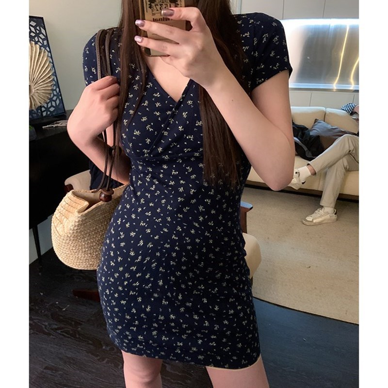 Coex Mall 首尔 四种款式~白樱季语~藏青色V领碎花连衣裙女