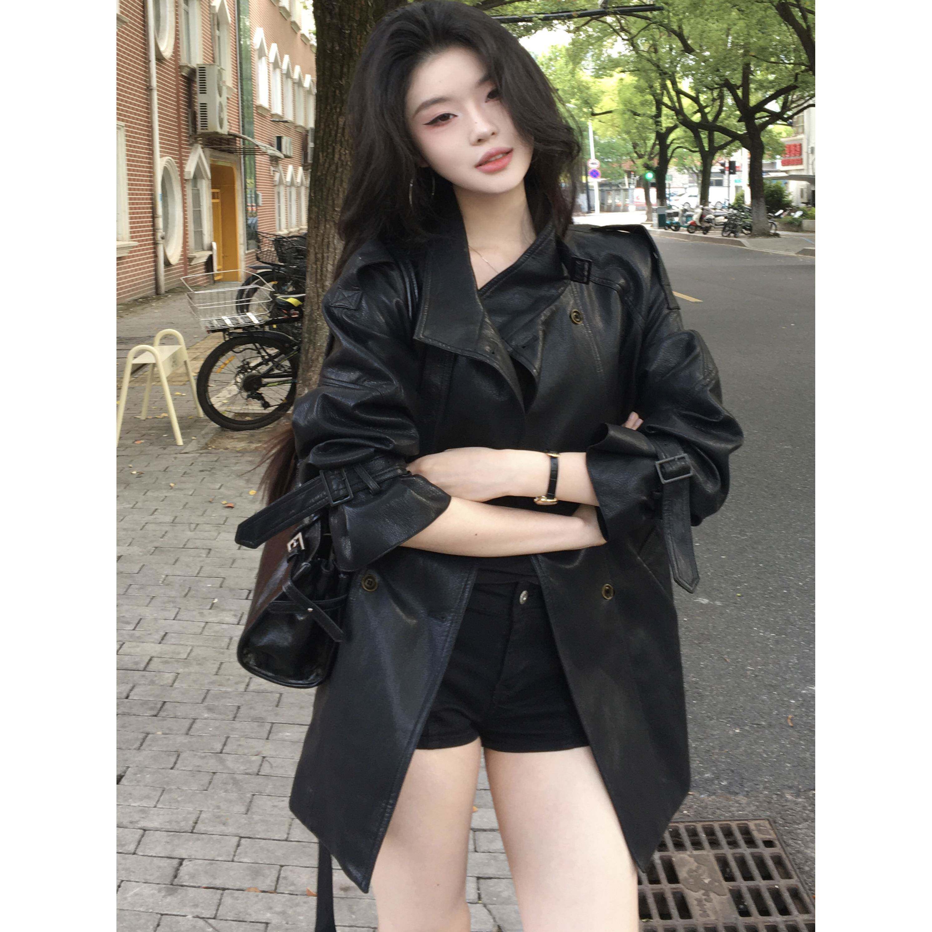 专柜2025秋新款时尚中长款皮衣外套女时尚西装皮夹克腰带款风衣潮