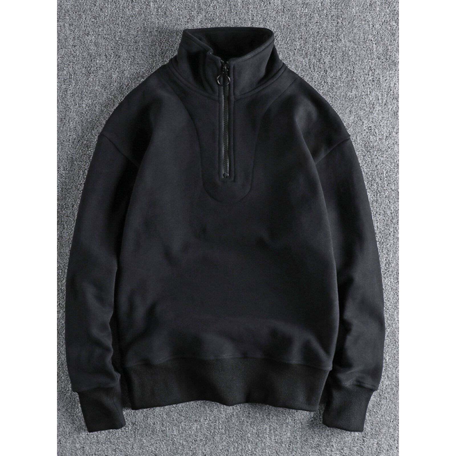 代购潮男秋冬季美式覆古重磅加绒加厚卫衣男纯色半开立领套头外套