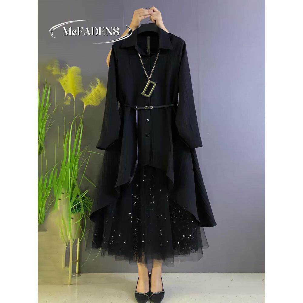 香港欧洲站衬衫上衣遮肉不规则网纱半身裙大码女装胖MM中长款套装