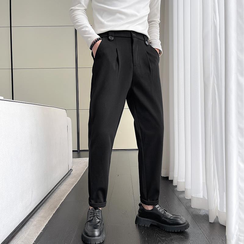 高端轻奢休闲长裤男冬季加厚毛呢保暖纯色潮牌帅气宽松运动裤子