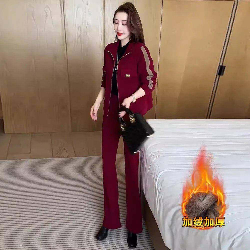 香港代购妈妈装时尚套装女秋冬新款减龄显瘦加绒外套阔腿裤两件套