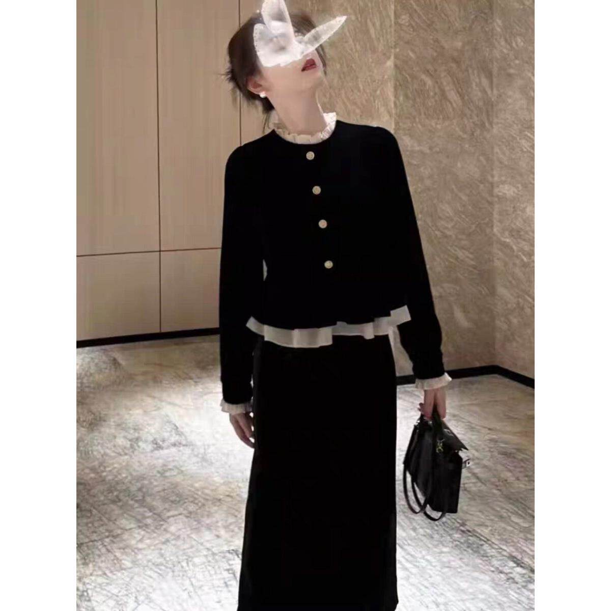 欧洲站秋季法式覆古假两件金丝绒连衣裙中高腰拼接花边显瘦长裙女