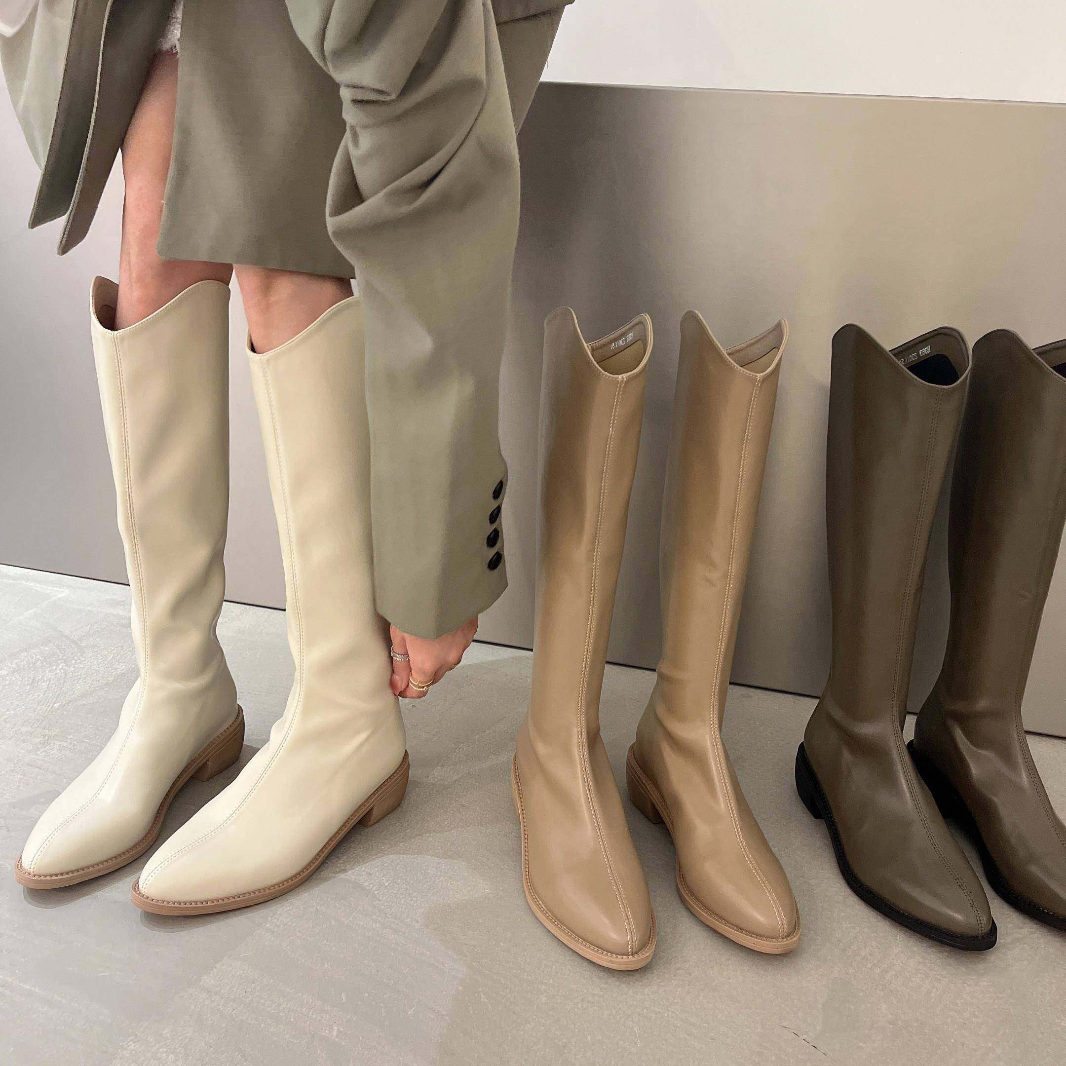 香港V口西部牛仔靴女白色2025新款时尚长筒粗跟马丁靴不过膝长靴,女鞋,时装靴,淘宝优惠券,粉丝福利购,淘宝优惠卷