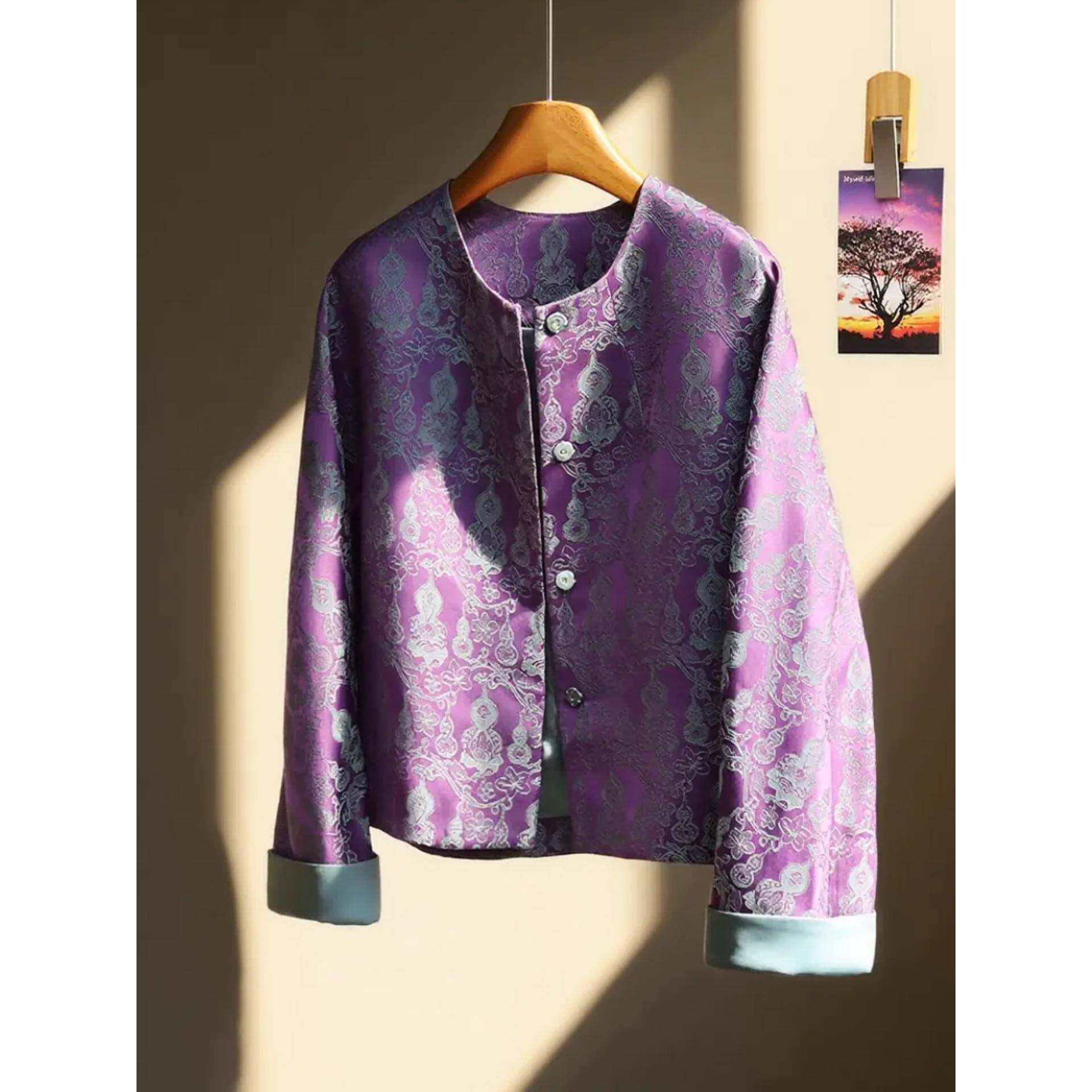 高级感人丝提花紫色绝美新中式国风外套女款气质休闲上衣2025秋新