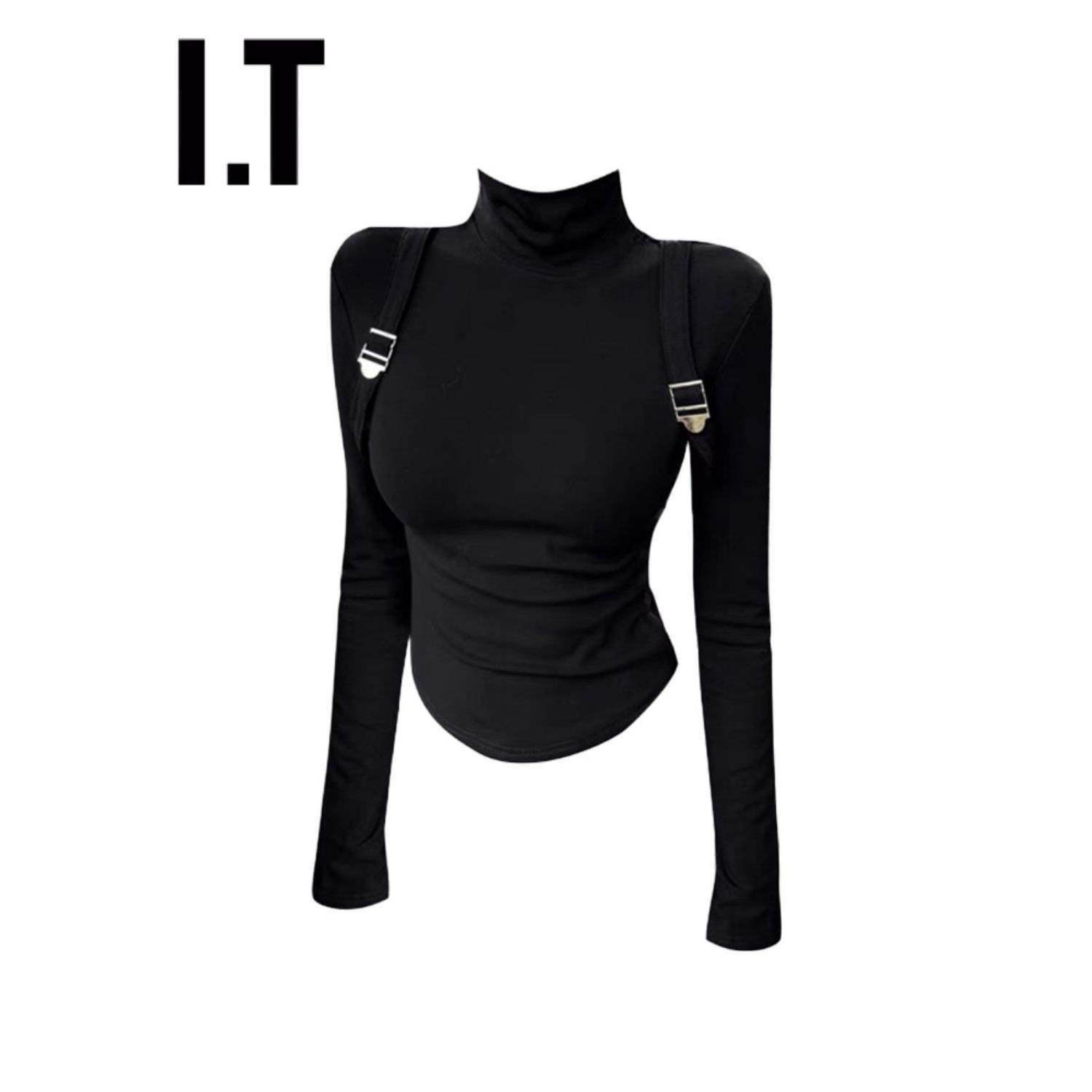 新品香港秋季新款美式辣妹半高领垫肩长袖T恤女内搭修身打底上衣