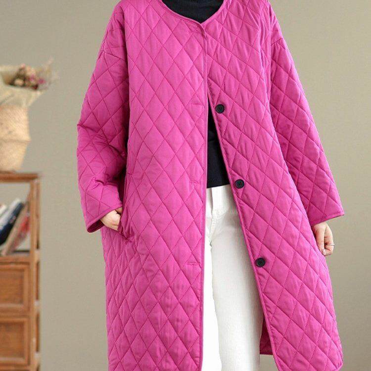 香港大码冬装轻薄中长款棉服外套女时尚休闲夹棉保暖圆领开衫棉衣